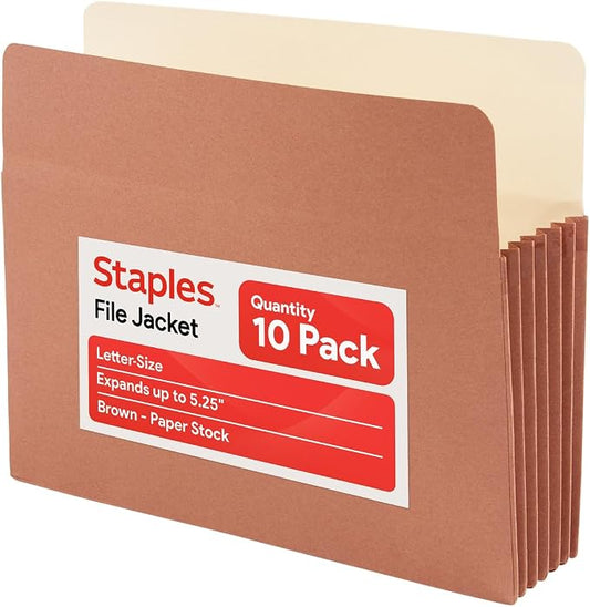 Staples Reinforced File Pockets, Letter Size, Expands Up to 5.25", Heavy‑Duty Brown Accordion Folders with Strong Gussets – 10/Pack