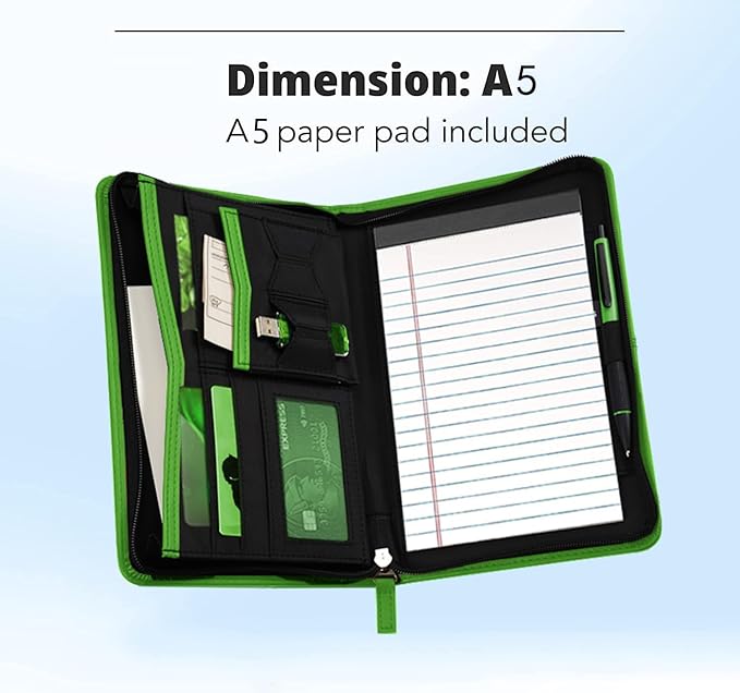 Lcjtop Junior Business Padfolio - A5 PU Leather Portfolio Binder & Zippered Binder Folder with 5 x 8 Writing Pad and Interior Storage Pocket Executive Business Organizer for Men Women,Green