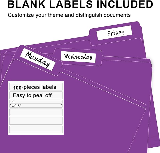 File Folder, RAZCC 100 Pack 1/3 Cut Tab File Folders Letter Size, Purple Folders for Dcouments, Folders with Tab Great for Organizing and Easy File Storage
