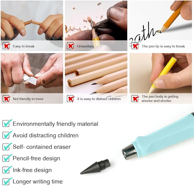 Ainiv Inkless Pencil with Eraser, 5 Sets Infinity Pencil Everlasting Pencil, Reusable Infinite Pencil with Extra 5 Eraser & 5 Replaceable Nibs, Endless Pencil for Home Office School Writing Drawing