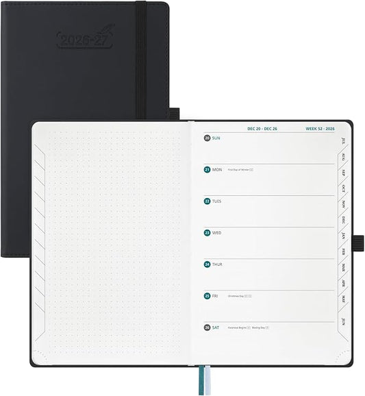 BEZEND Weekly Planner 2026 2027 Dot‑Grid Journal in One (5.5" x 8.5") 12 Month Academic Calendar with Tabs (Jul.26-Jun.27) for Student/School, 100gsm Thick Paper, PU Leather Hardcover - Black