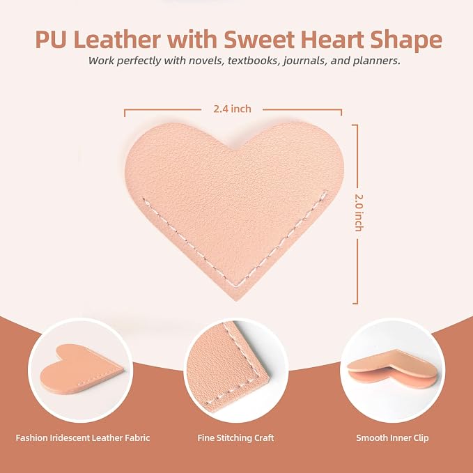 Leather Heart Bookmarks, Cute Handmade Page Corner Book Markers, Reading Gifts for Women, Lovers, Kids, Teachers, Friends, Readers, Book Accessories for School Office Home Supplies (8PC-Light)
