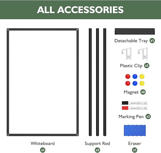 Magnetic Whiteboard Easel Stand, Dry Erase 36 x 24 White Board with Height Adjustable Tripod Stand, 3' x 2' Flipchart Easel Stand Presentation Board with Black Frame, 6 Magnets, 1 Eraser, 2 Pens