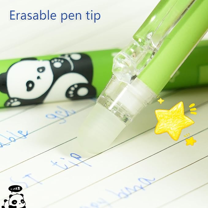 12-Pack Cute Erasable Pens, 0.5mm Fine Tip Blue Ink Retractable Pen, Adorable Capybara Stationery Set, Ideal for Office, School, Women and Men(Blue Ink - Panda)