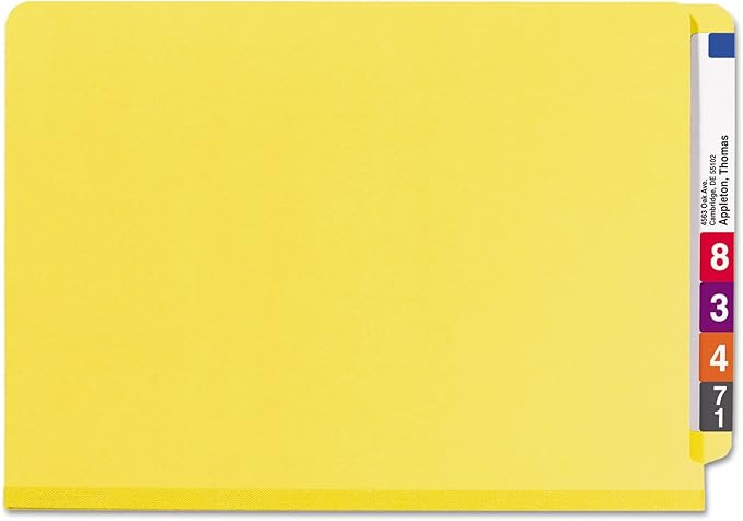 Smead 100% Recycled End Tab Pressboard Classification File Folder with SafeSHIELD Fasteners, 2 Dividers, 2" Expansion, Legal Size, Yellow, 10 per Box (29789)