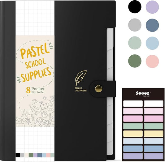 Sooez File Folders Organizer, Folders with 8 Pockets, Folders for Documents w/Sticker, Accordion File Organizer, Paper Receipt Bill Filing Organizer, School College Office Travel Essentials Supplies