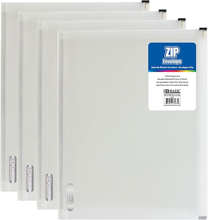 BAZIC Products Plastic Envelopes with Zipper – Durable Clear Poly Envelopes, Transparent Folder for Documents, Home, Office or School, Letter Size or A4 Folder, 4-Pack
