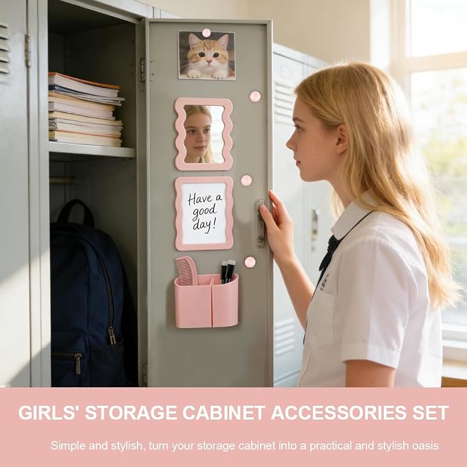 Locker Accessories Kit for Girls, Magnetic Locker Accessories with Mirror, Whiteboard, Pen Holder, Magnets & Dry Erase Markers for School, Office, Organizer Set