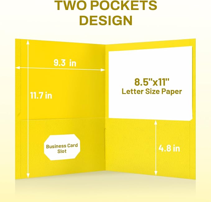 SUNEE Folders with Pockets, 50 Pack File Folders with Business Card Slot, Textured Paper, Fit Letter Size Paper, Paper File Folder for School Office Home Business, Yellow