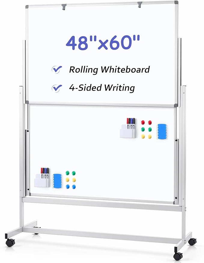 MAKELLO Rolling Whiteboard 60"x48", Large Magnetic Mobile White Board on Wheels, Double-Sided Dry Erase Board for Home Office School, Height Adjustable, 5'x4'