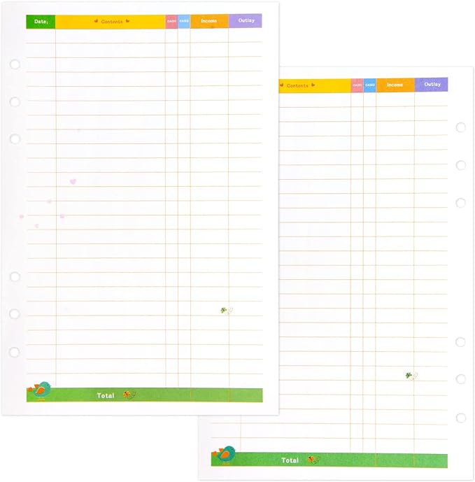 Rancco A6 Budget Planner Refill Paper, 90 Pages Colorful 6-Ring Binder Expense Tracker Inner Page Financial Planner w/Binder Divider, Pouch, Ruler, Index Tab for Budgeting Book, Double-sided,6.9x3.7"