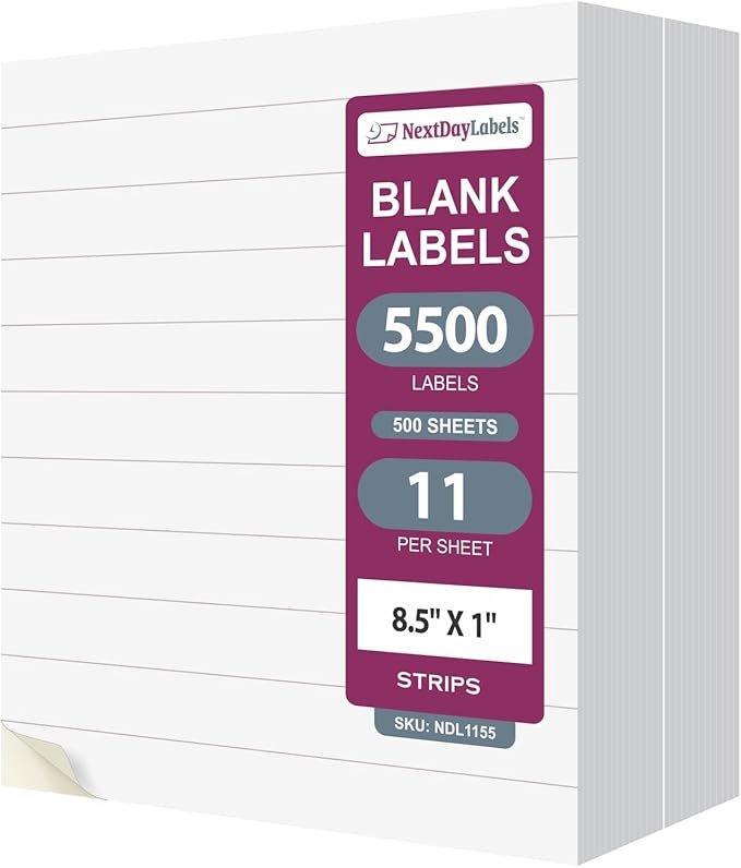 NextDayLabels 8.5x1 Inch Strip Stickers White Blank Labels for Laser Inkjet Printer - 11 Per Sheet Self-Adhesive Unique Size Label Made in USA - 5500 Labels