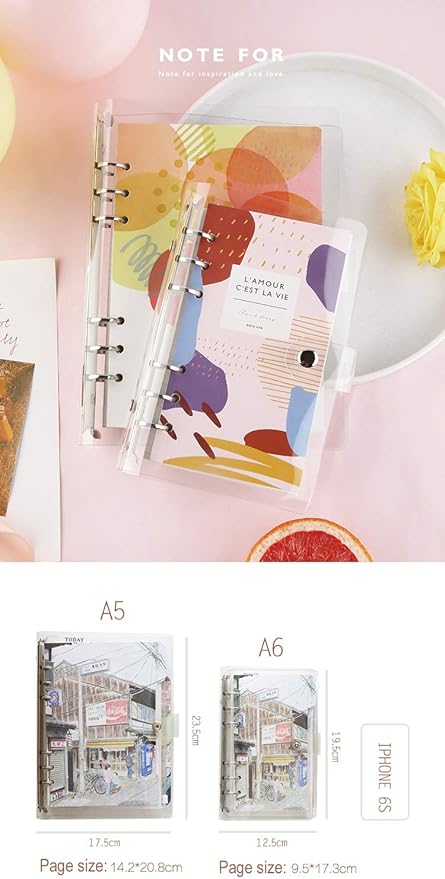 A6 A5 6-Holes Colorful PVC Cover Personal Organizer with Snap Button Closure File Folder for Loose Leaf Sheet Protectors Notebook Refill (Black Ink, A6 mini Set)