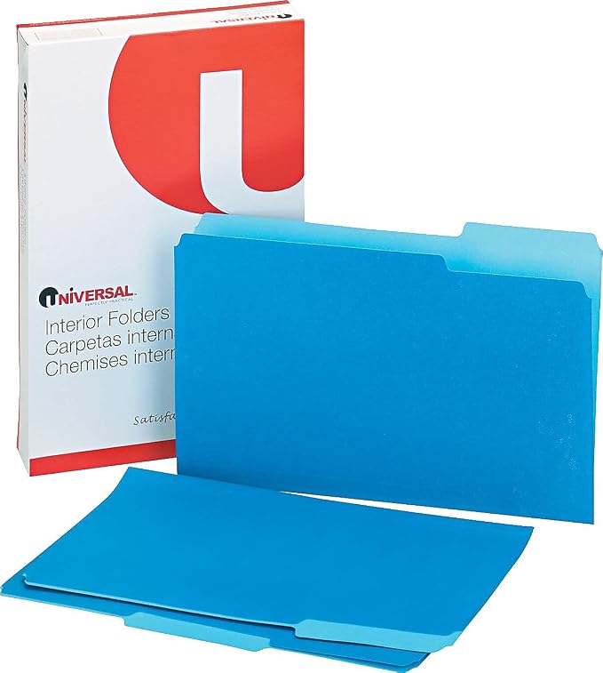 Universal 15301 Recycled Interior File Folders, 1/3 Cut Top Tab, Legal, Blue, 100/Box