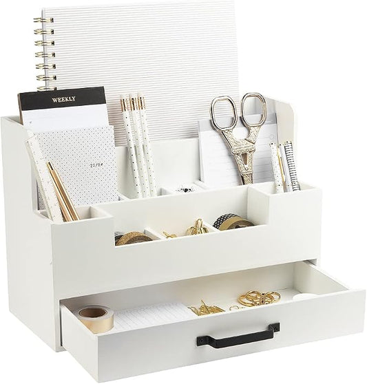 BLU MONACO White Wooden Desk Organizer With Drawer | Desktop Storage With Drawers | Multi-Compartment Desk Caddy for Home Office | 5.7”D x 12.9”W x 9”H Tabletop Accessory Holder
