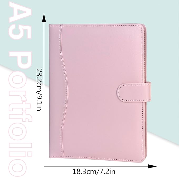 Padfolio Portfolio Binder, Leather Clipboard Folder Briefcase Loose-Leaf Binder with Cover Brown Folder with Pockets Resume Folder for Business Office Meeting Men Women's Business (A5, Pink)
