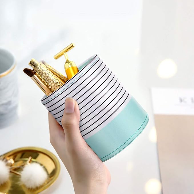 Pen Holder, Pencil Cup Pot Desk Organizer Multi Purpose Use Cute for Adults Kids Luxury Leather Makeup Brush Holder for Home, Office, Classroom, Stripes Mint Green