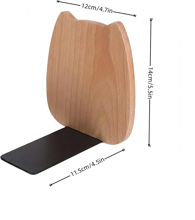 Cute Kitten-Shaped Book Ends for Shelves, Detachable Design Bookends for Heavy Books, with Anti-Slip Foam Pads, an Ideal Gift for Book Fans (Pack of 2,Beech Wood Kitten)