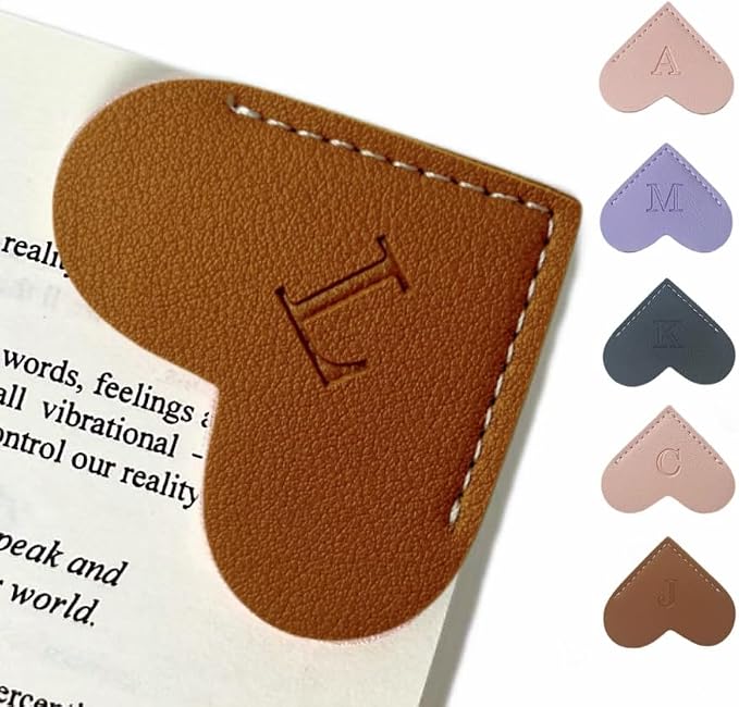 Personalized Leather Book Marks, Heart Bookmark, Unique Cute Handmade Letter Bookmarks Accessories for Reading Women, Teacher, Student, Book Lovers Book Mark Gifts (Brown, L)