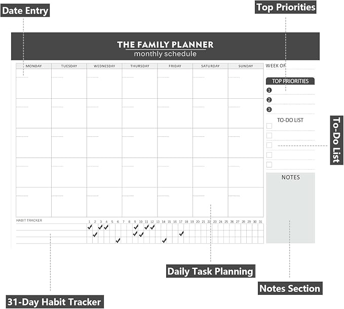 Monthly Planner Notepad with 52 Monthly Blank Calendar Sheets - 7"x10" Undated Format for Flexible Planning & Goal Tracking, Undated Blank Calendar Design for Custom Monthly Scheduling, Black