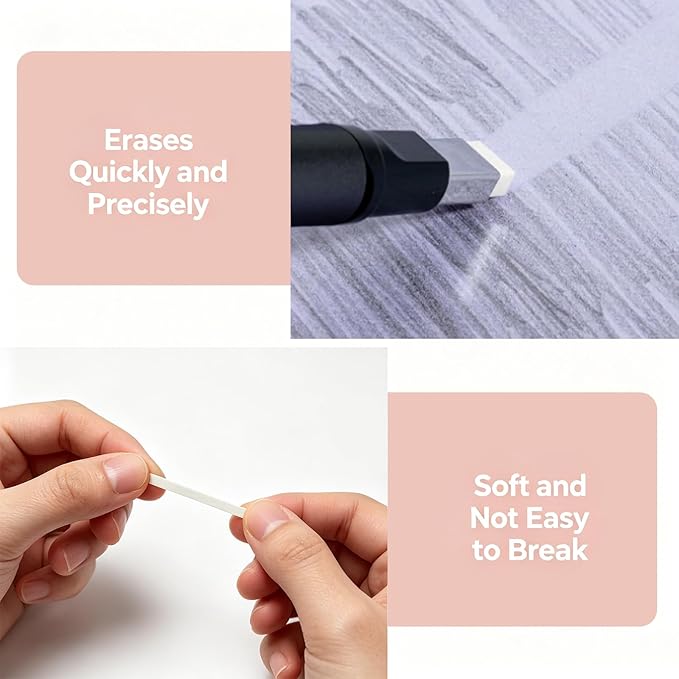 4 Pack Retractable Mechanical Eraser Pen Set (2 Black, 2 White) with 20 Refills (10 Rectangular,10 Round Tips), Precision Erasers for Artists Drawing, Office & Students
