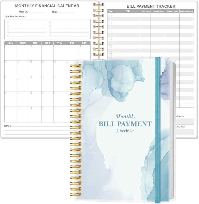 Monthly Bill Organizer - Monthly Bill Payment for Personal Budgeting Financial, Payments Checklist Organizer, 5.8" x 8.5", Blue Watercolor