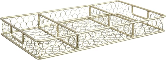 MyGift 4 Compartment Vintage Brass Tone Metal Chicken Wire Desk Organization Tray with Handles, Office Desktop Supplies Storage or Makeup Accessories Drawer Organizer