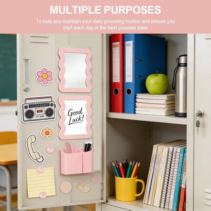Locker Accessories Kit for Girls, Magnetic Locker Accessories with Mirror, Whiteboard, Pen Holder, Magnets & Dry Erase Markers for School, Office, Organizer Set
