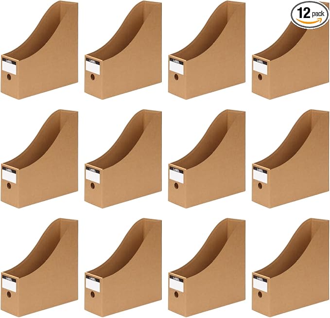 12 Pcs Cardboard Magazine File Holder Boxes with Labels, Magazine Holder Desk Organizer for Documents Storage, Foldable Folder Holder File Organizer Box Vertical File Folder Box for Desk