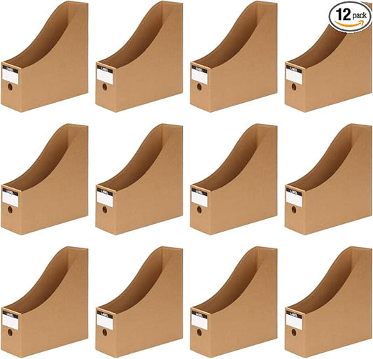 12 Pcs Cardboard Magazine File Holder Boxes with Labels, Magazine Holder Desk Organizer for Documents Storage, Foldable Folder Holder File Organizer Box Vertical File Folder Box for Desk