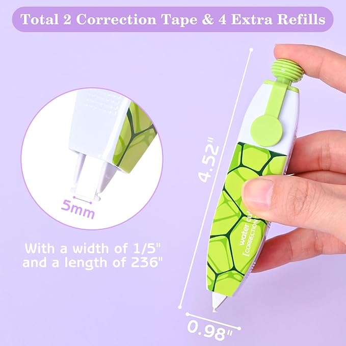 Valitner White Correction Tape, Retractable Correction Tapes with 4 Extra Refills, Refillable White Pull Out Pens, Instant Corrections Easy to Use Applicator for School Office Supplies (Green & Pink)
