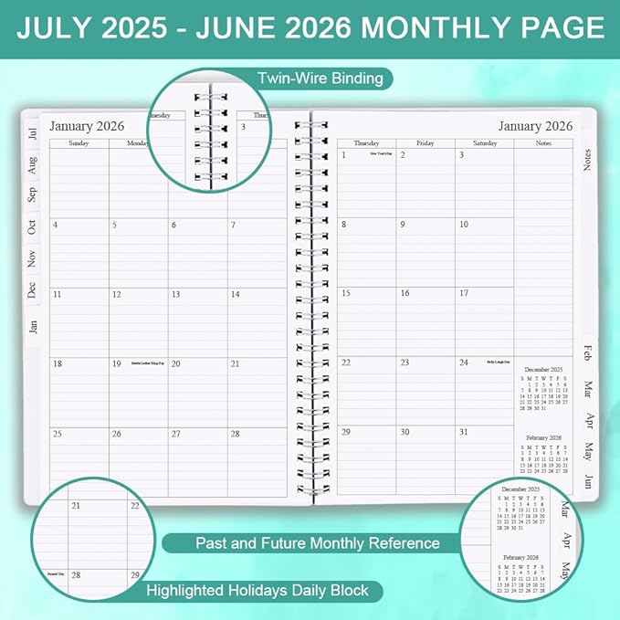 2025-2026 Weekly & Monthly Planner - 2025-2026 Planner from July 2025 to June 2026, Easy to Organize Your Daily Life, Medium 6.5" x 8.5", Teal