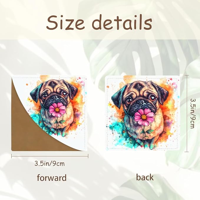 2PCS PU Leather Bookmarks 3.5x3.5 Inch Pug Flower Design | PU leather bookmarks with pug flower design for novels, journals, study notes, dog lovers, students and book fans