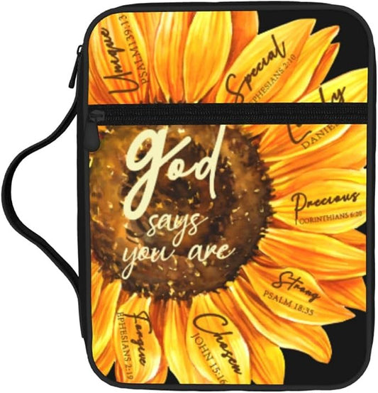 God Says Sunflower Christian Religious Bible Verse Scripture Prayer Bible Cover Case Carrying Book Protector Case Bible Study Supplies Accessories Holder Case Christian Gift for Women Men