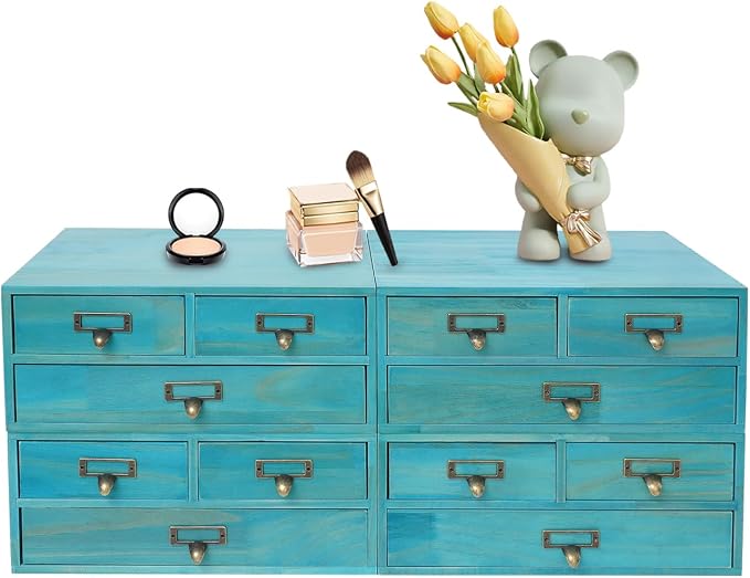4 Pcs Vintage Wood Desktop Organizer, 4x3 Drawer Apothecary Cabinet with Metal Handles, Stackable Storage for Office Home School, Makeup Jewelry Tea Stationery Herbs