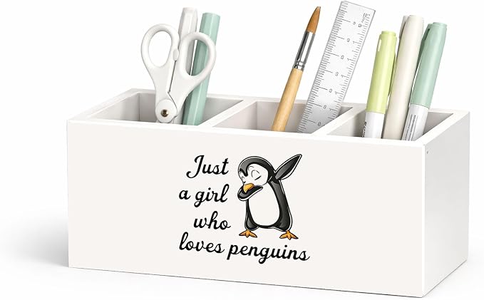 Just a Girl Who Loves Penguins Wooden Desk Organizer, Cute Penguin Design Pen Pencil Holder with 3 Compartments, Decorative Office Supply Storage Box for Desk, Home, Office, Gift for Penguin Lovers