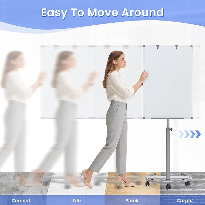 MAKELLO Rolling Whiteboard 3' x 2', Height Adjustable Dry Erase Board on Wheels, Mobile White Board for Office School Classroom Home Restaurant, Aluminum Frame, 36x24 in