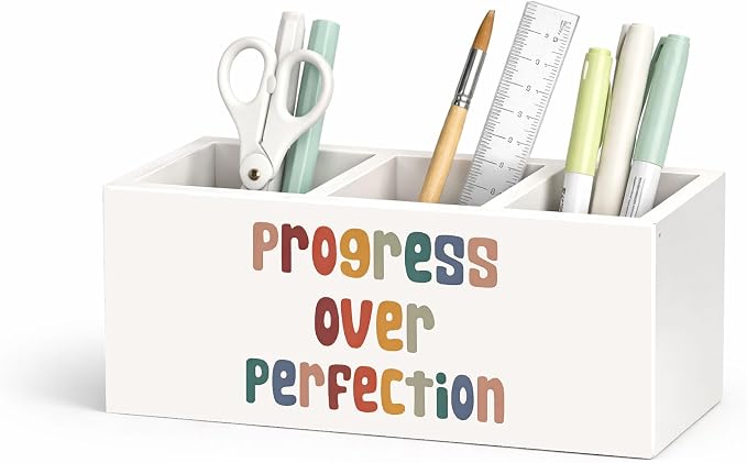 Progress Over Perfection Pen Holder, Motivational Desk Organizer, 3 Compartments Wooden Pencil Caddy for Office, Home, Classroom
