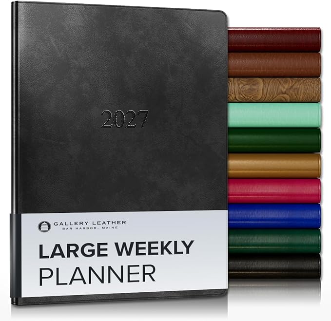 Gallery Leather Large Weekly Monthly Planner 2027, Elegantly Bound Calendar Planner and Notebook with Stylish Gold-Gilded Page Edges, 12 Months - Acadia Black - 9.75x7.5"