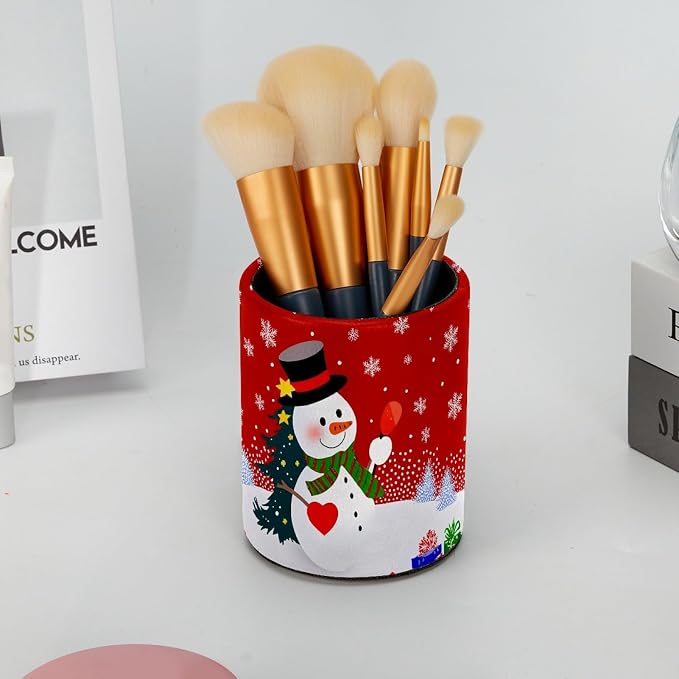 Christmas Snowman Snowflake Pen Holder Pencil Organizer Cute Pencil Cup Desk Decor Makeup Brush Holder PU Multifunctional Office Supplies for Home Classroom School