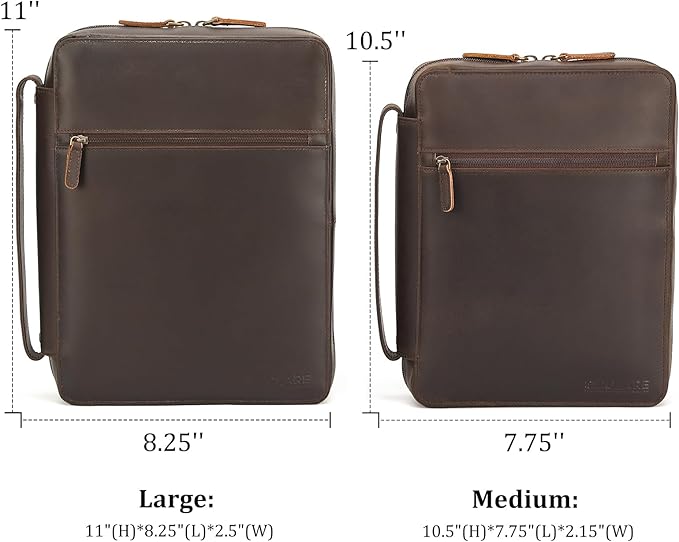 Polare Cowhide Leather Bible Cover Church Bag Bible Protective Book Holder Carrying Case Folder Organizer Portfolio (Dark Brown-Medium)
