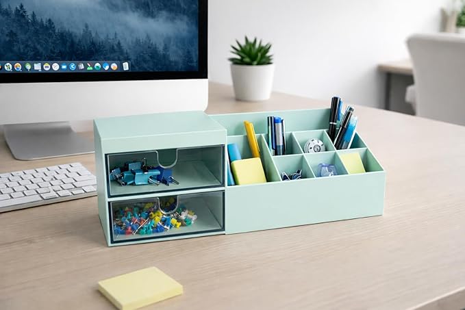 Desktop Drawer Storage Organizer – Multi-Purpose Plastic Makeup & Office Storage Box with Divided Drawers, Dust-Proof Vanity Organizer for Cosmetics, Jewelry & Stationery (Blue)