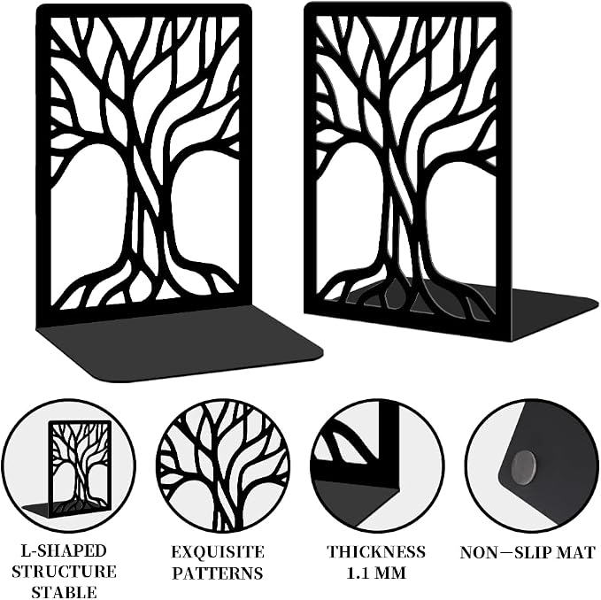 2 Pcs Black Bookends, Sturdy Metal Bookends for Shelves Decorative Book Organizer with Unique Tree Design for Home Library Office Desk