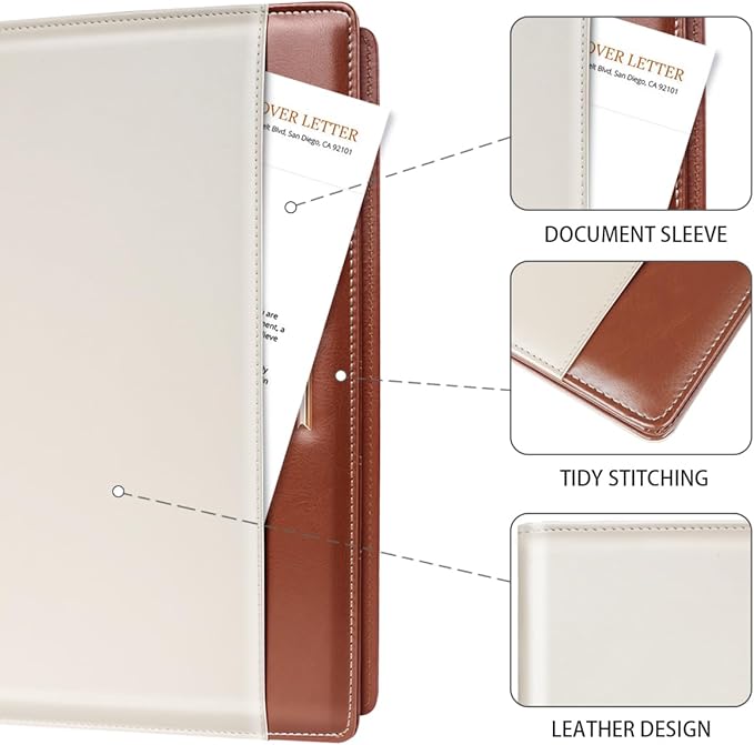 Padfolio/Resume Portfolio Folder for Women Men, WAVEYU Cute Chic Padfolio Cover Folder, Conference/Legal Document Organizer with Letter/A4 Size Clipboard, Document Sleeve, Brown+White