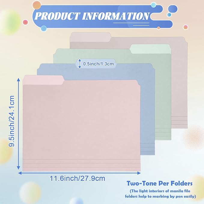 gisgfim 96 Pcs Two Tone Colored File Folders 1/3 Cut Tab Letter Size Manila File Folder with Tabs Decorative Assorted Position File Folders for Office School Business Home Organizer (Pastel)