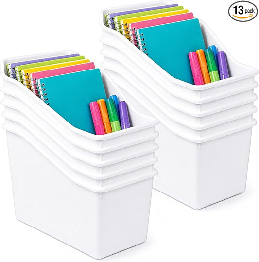 Fuutreo 12 Pcs Pieces Book Bins for Classroom Plastic Binder Holder Magazine Stuff Folder File Organizer Box for Home Office School Supplies (White)