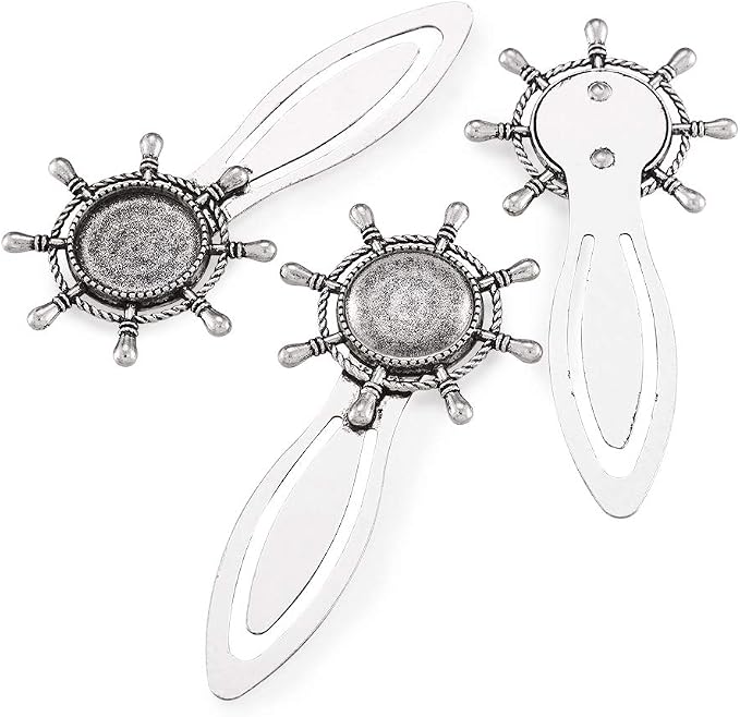 FASHEWELRY 20Pcs Antique Silver Bookmark Pendant Tray Kit Include 10Pcs 18mm Helm Round Blank Bezel Base Setting Charms with 10Pcs Clear Glass Dome Tiles Cabochons