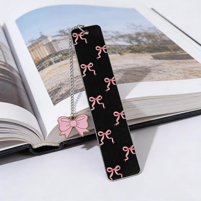 Pink Bowknot Stainless Steel Bookmark - Printed with Cute Bowknot Patterns & Equipped with Heart Pendants, Ideal for Female Readers, Perfect Birthday Gift for Girlfriends (Double-Sided B)