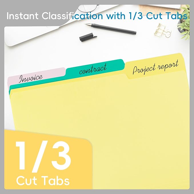 100 Packs Colored File Folders,1/3 Cut Tabs File Folder,Lemon Yellow File Folders,Manila File Folders,Two-Tone File Folder for Office School Business