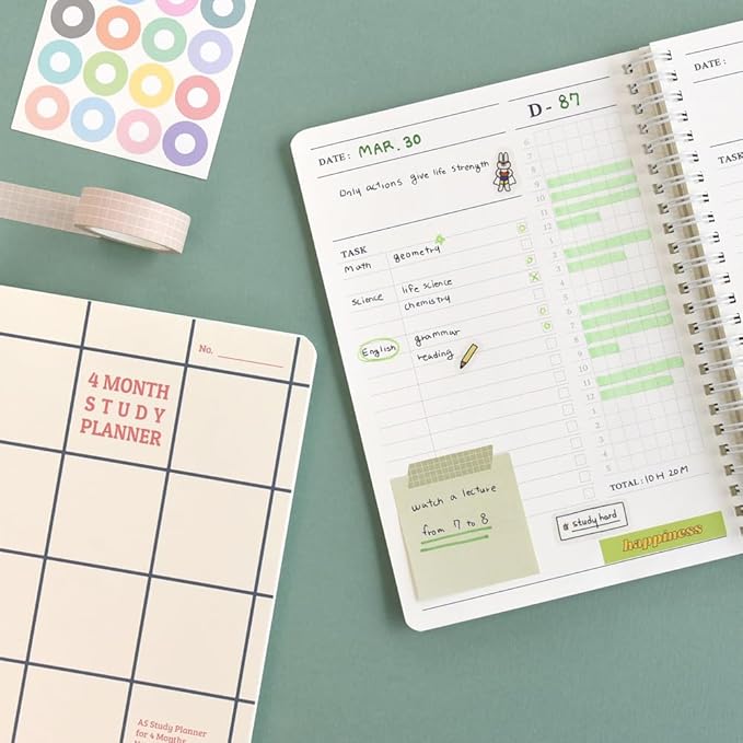 Monolike Checkers 4 Month Study Planner, Green Line - Academic Planner, Weekly & Monthly Planner, Study plan